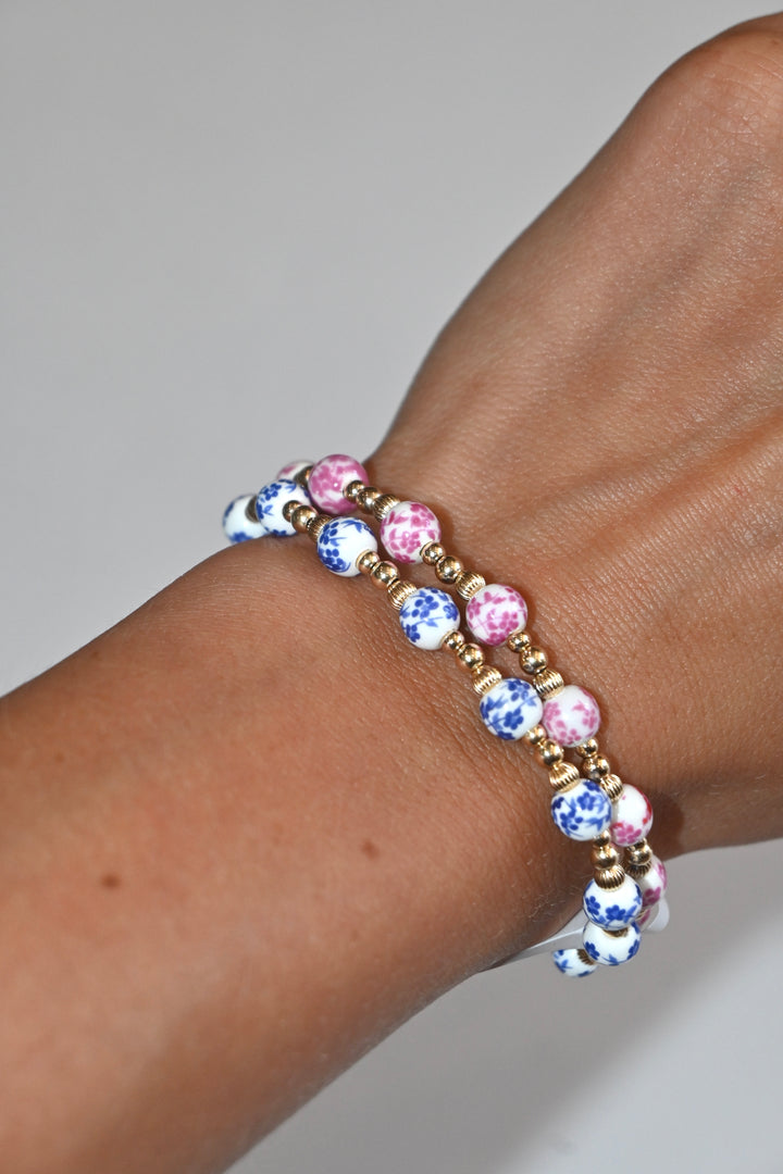 Peach  Floral Porcelain & Gold-Filled Beads Bracelet