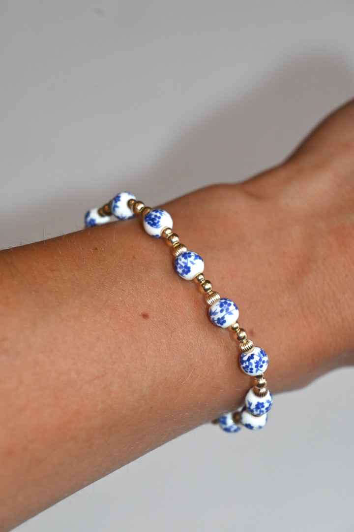 Peach  Floral Porcelain & Gold-Filled Beads Bracelet
