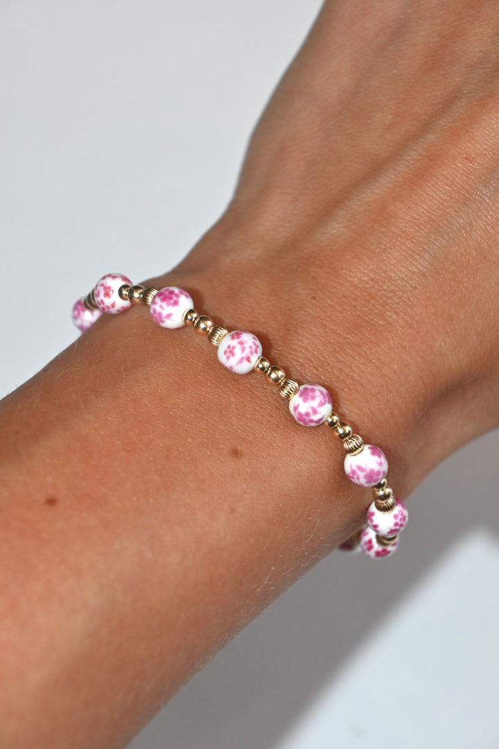 Peach  Floral Porcelain & Gold-Filled Beads Bracelet