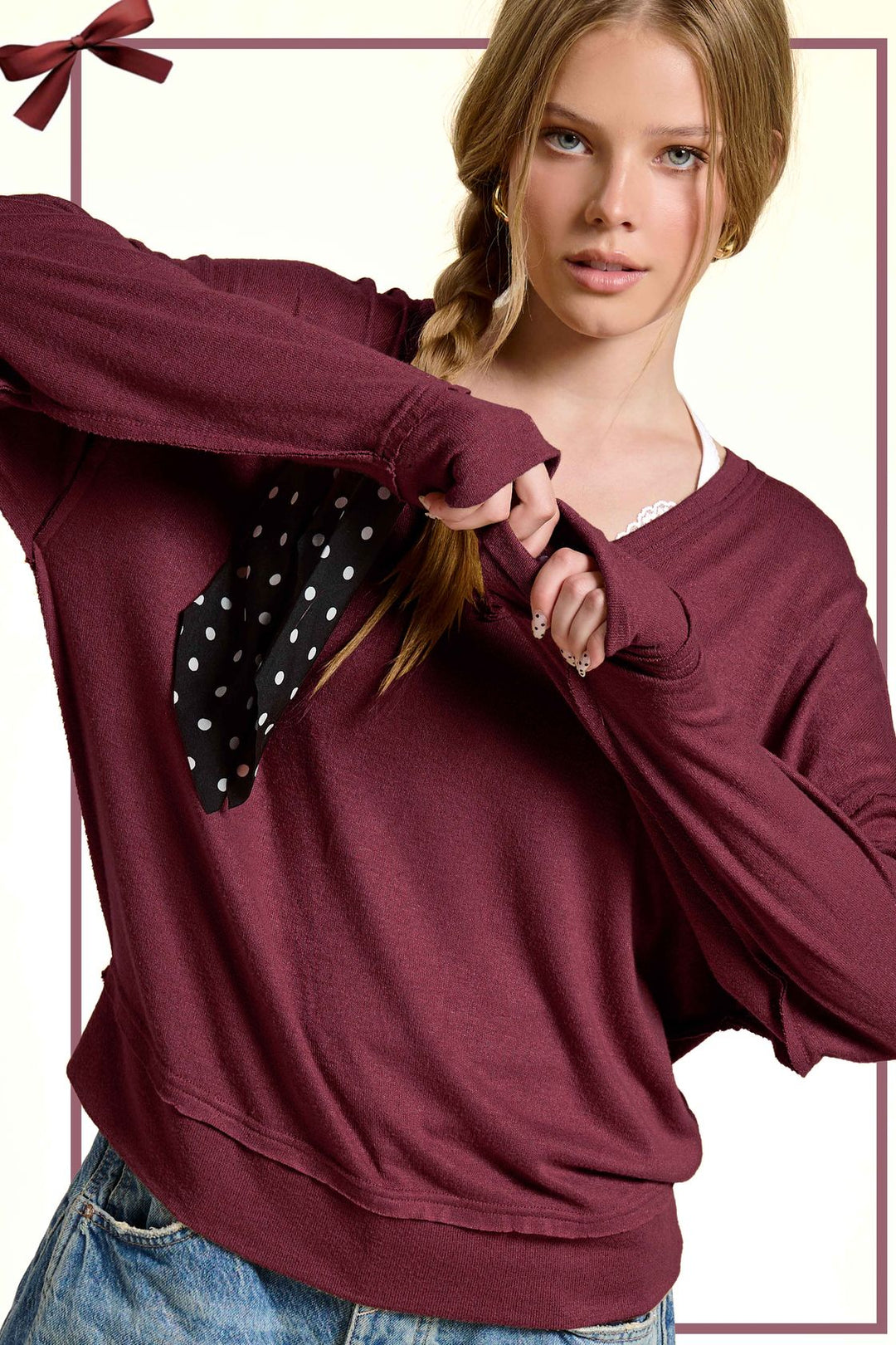 Soft V-Neck Cut Edge Long Sleeve Top