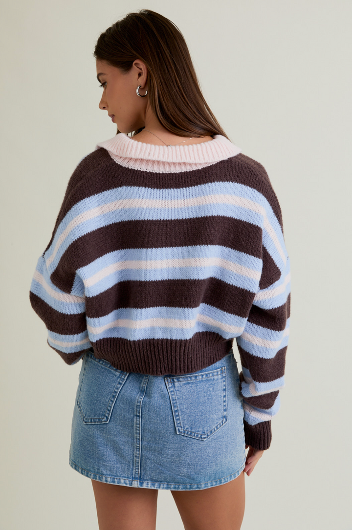 Collared Stripe Crop Long Sleeve Sweater