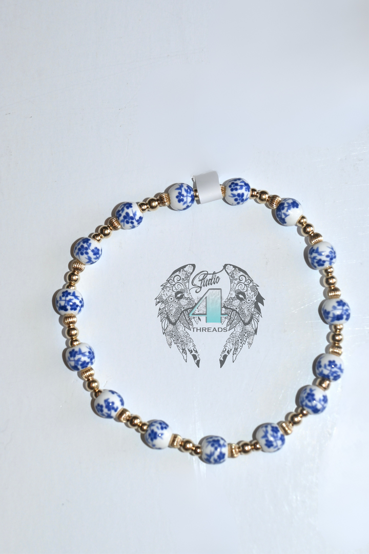 Peach  Floral Porcelain & Gold-Filled Beads Bracelet