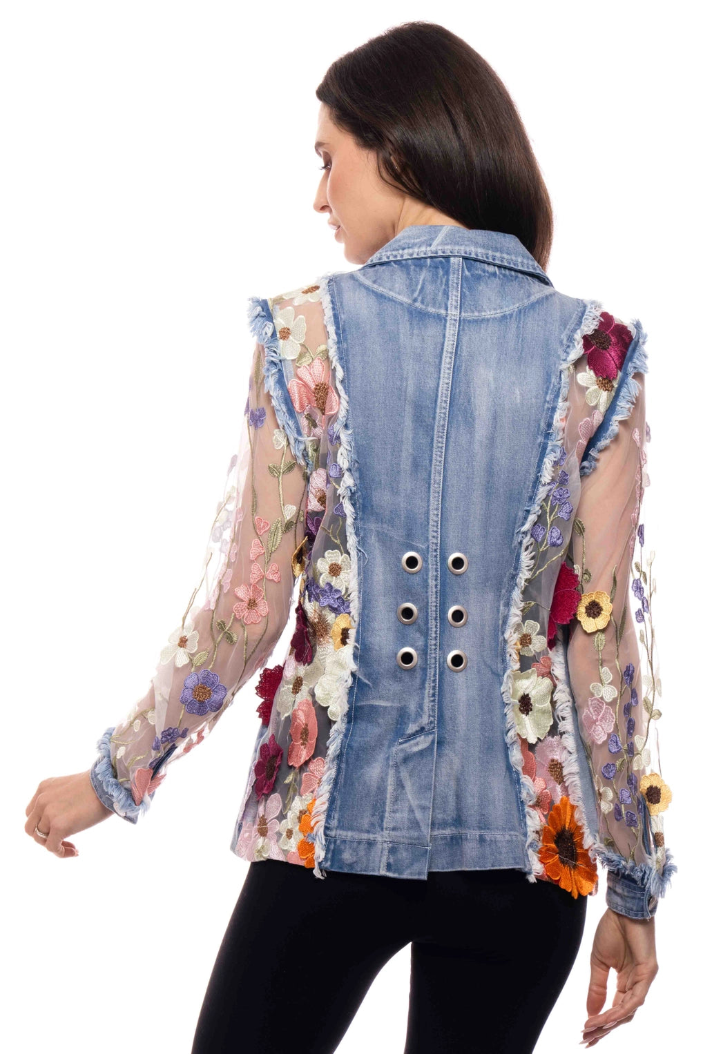 Embroidered Chiffon Sleeve Denim Jacket