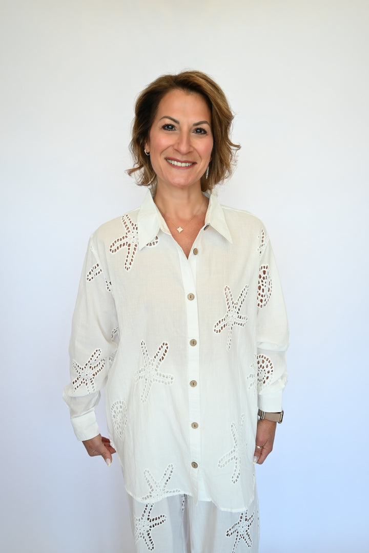 White Ocean Eyelet Button Down