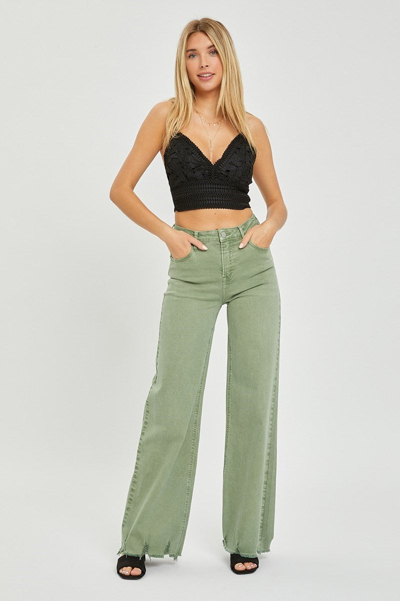 High Rise Wide Leg Frayed Hem Pants