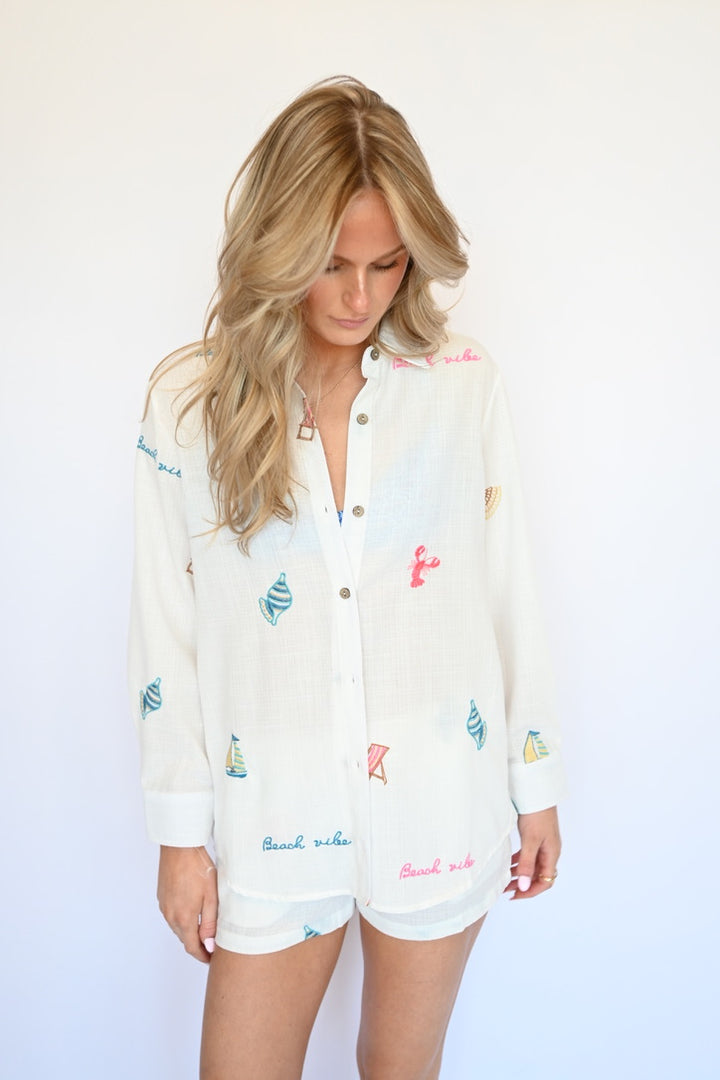 Beach Vibes Embroidered Button Down
