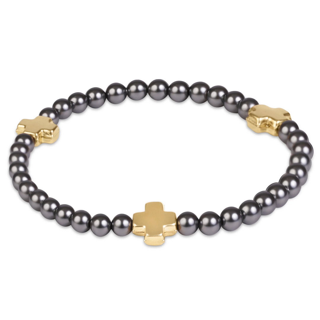4mm Signature Cross Pearl Dark Grey Bracelet