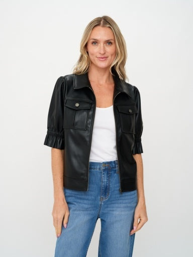 JENNIFER FAUX LEATHER FLUTTER SLEEVE JACKET