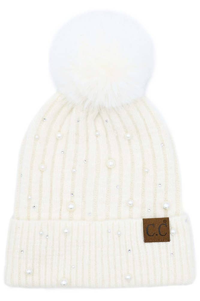 Pearl Embellishments Pom Beanie