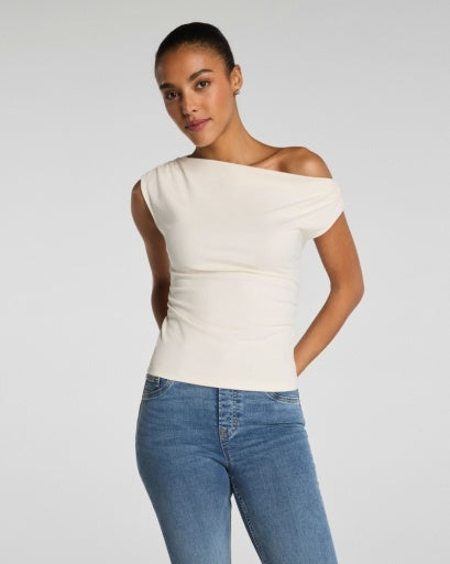 Ribbed Knit Ruched Off-the-Shoulder Top