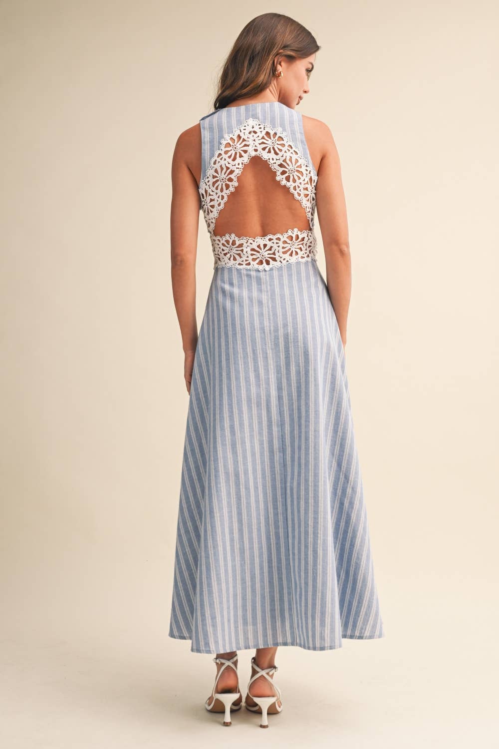Striped  Lace Trim Midi Dress