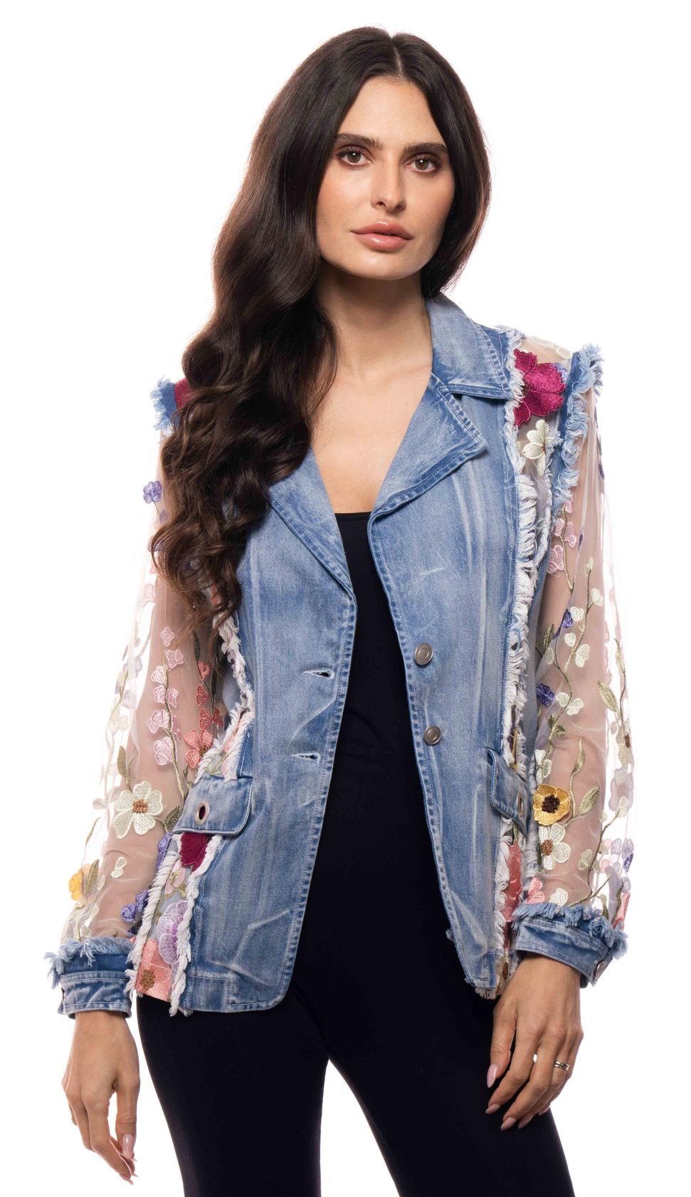 Embroidered Chiffon Sleeve Denim Jacket