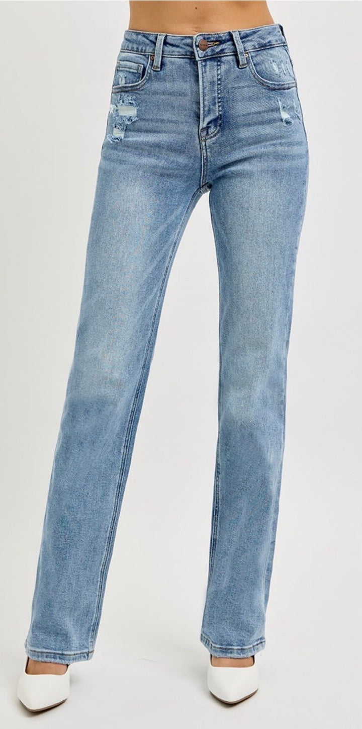High Rise Straight Distressed Jeans