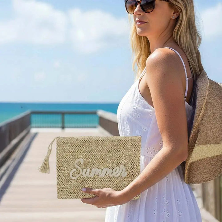 Summer Embroidered Straw Pouch
