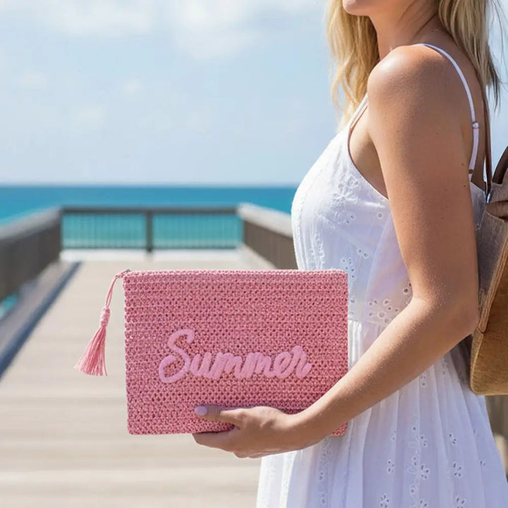 Summer Embroidered Straw Pouch