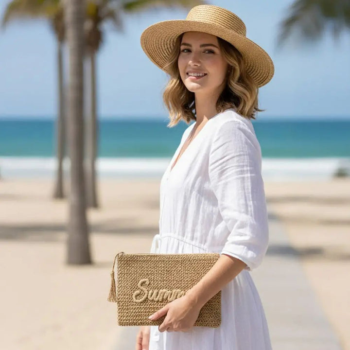Summer Embroidered Straw Pouch