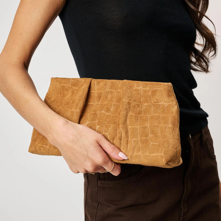 Elva Croc Embossed Faux Suede Clutch