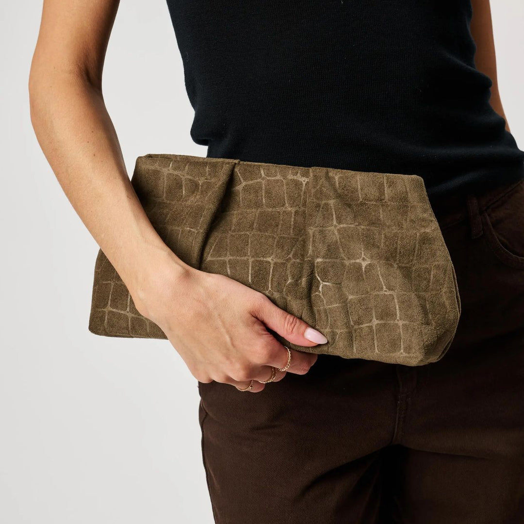 Elva Croc Embossed Faux Suede Clutch