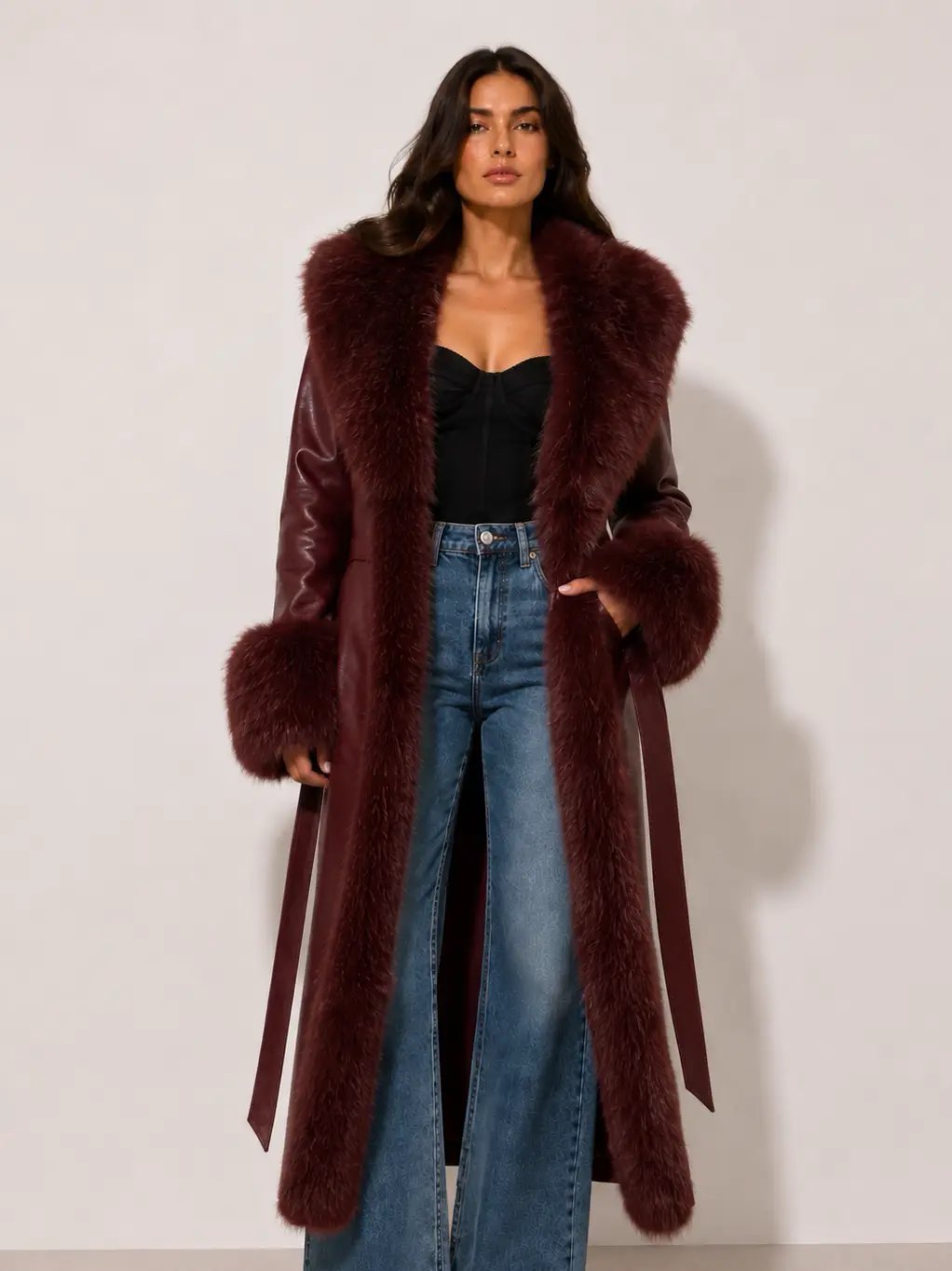 Long Faux Leather & Fur Trim Coat