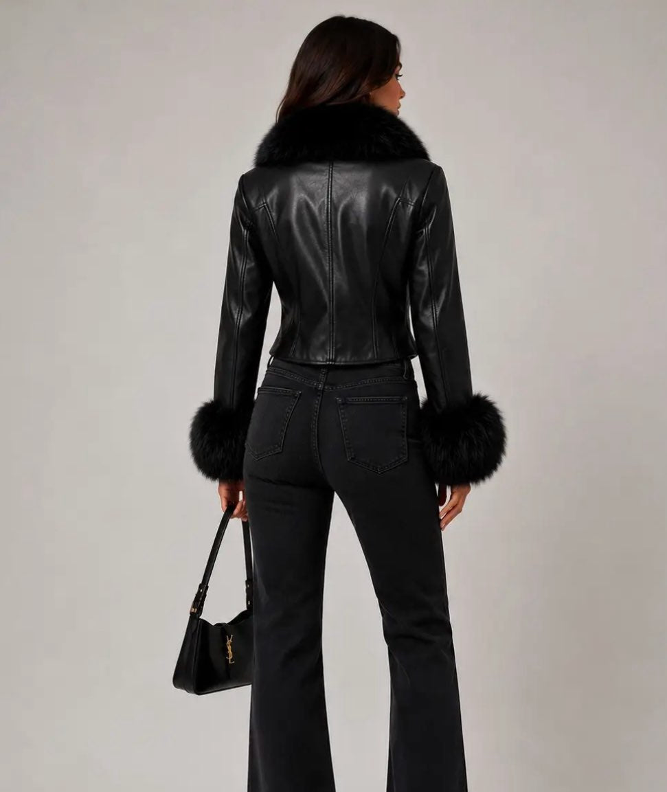 Faux Leather Fur Trim Jacket