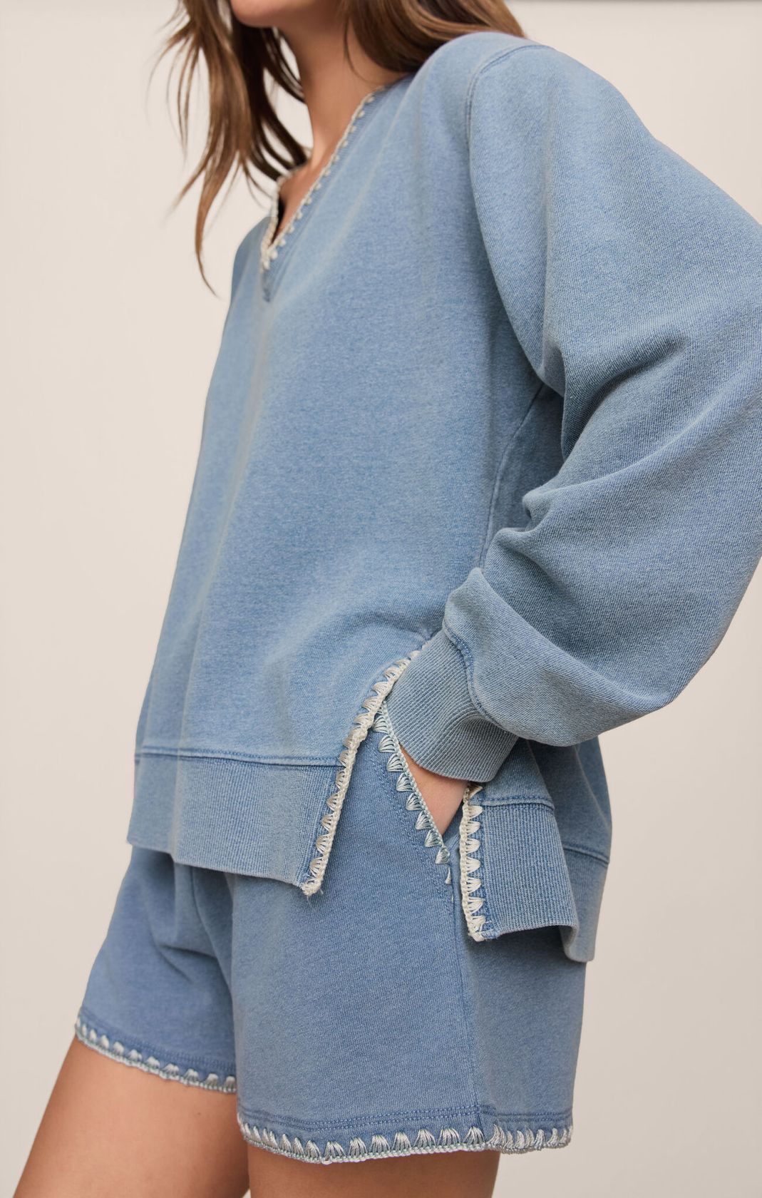 Cam Knit Denim Whipstitch Top