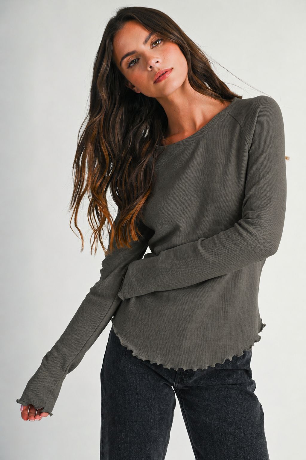 Thermal Knit Lettuce Edge Long Sleeve Top