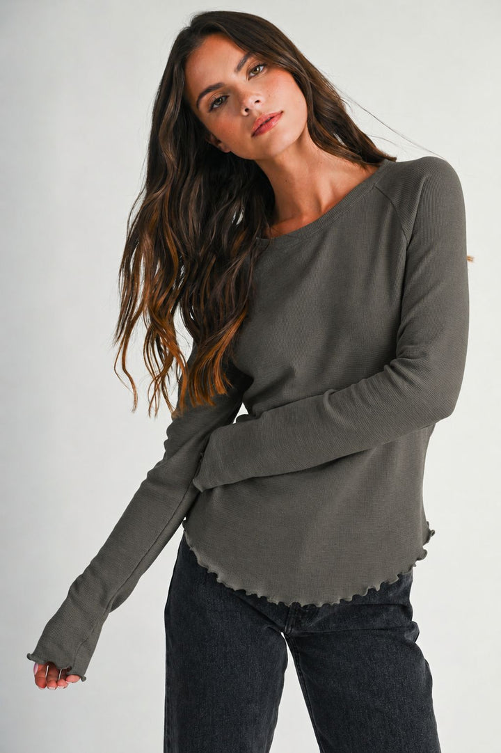 Thermal Knit Lettuce Edge Long Sleeve Top
