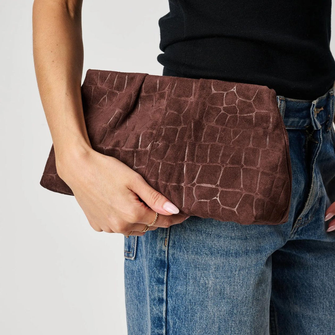 Elva Croc Embossed Faux Suede Clutch