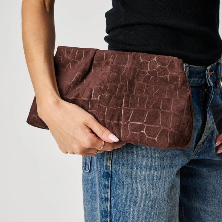 Elva Croc Embossed Faux Suede Clutch