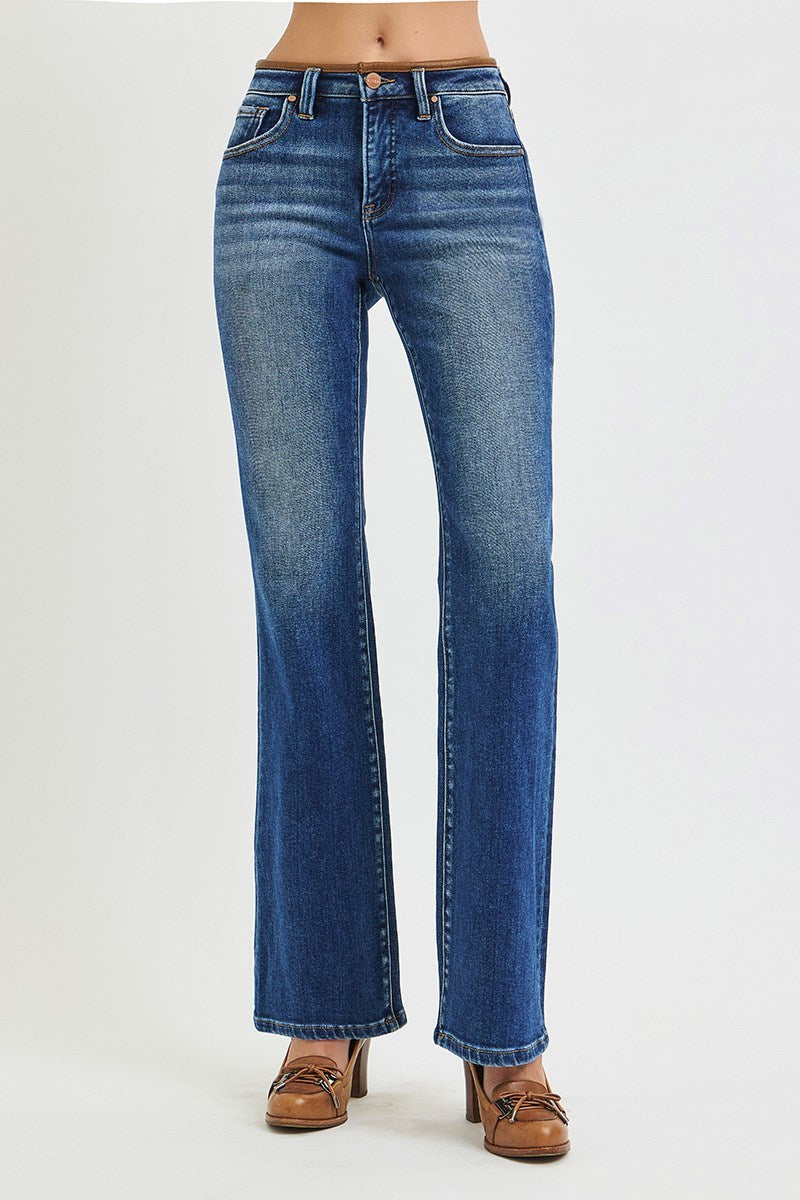 Genna Mid Rise Bootcut Jean with Leather Details