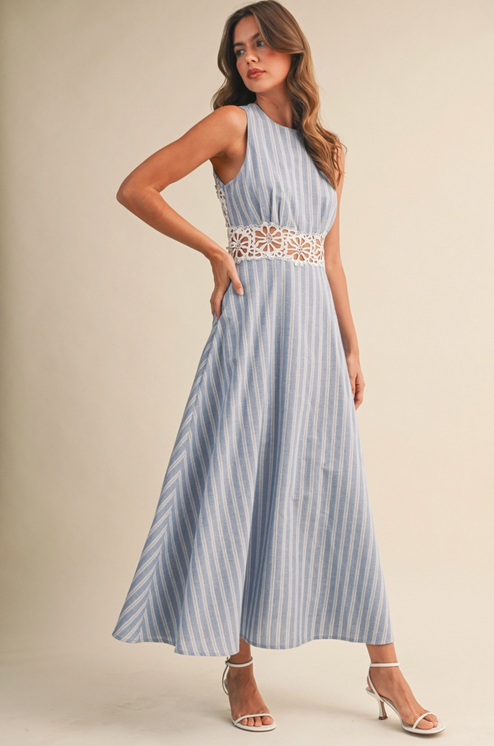 Striped  Lace Trim Midi Dress