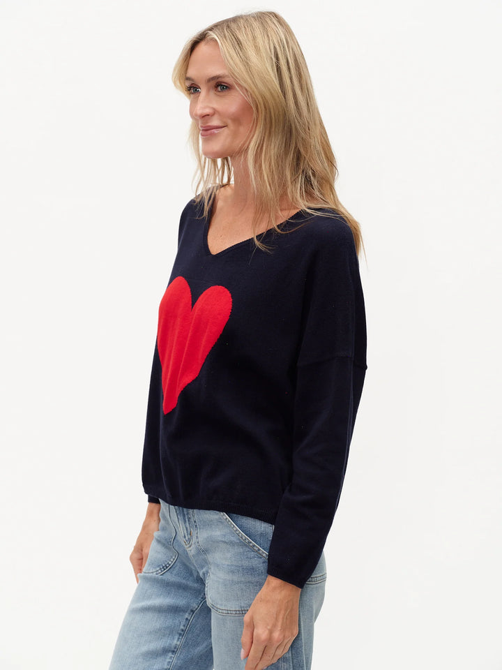 LOVIE GRAPHIC HEART V-NECK SWEATER